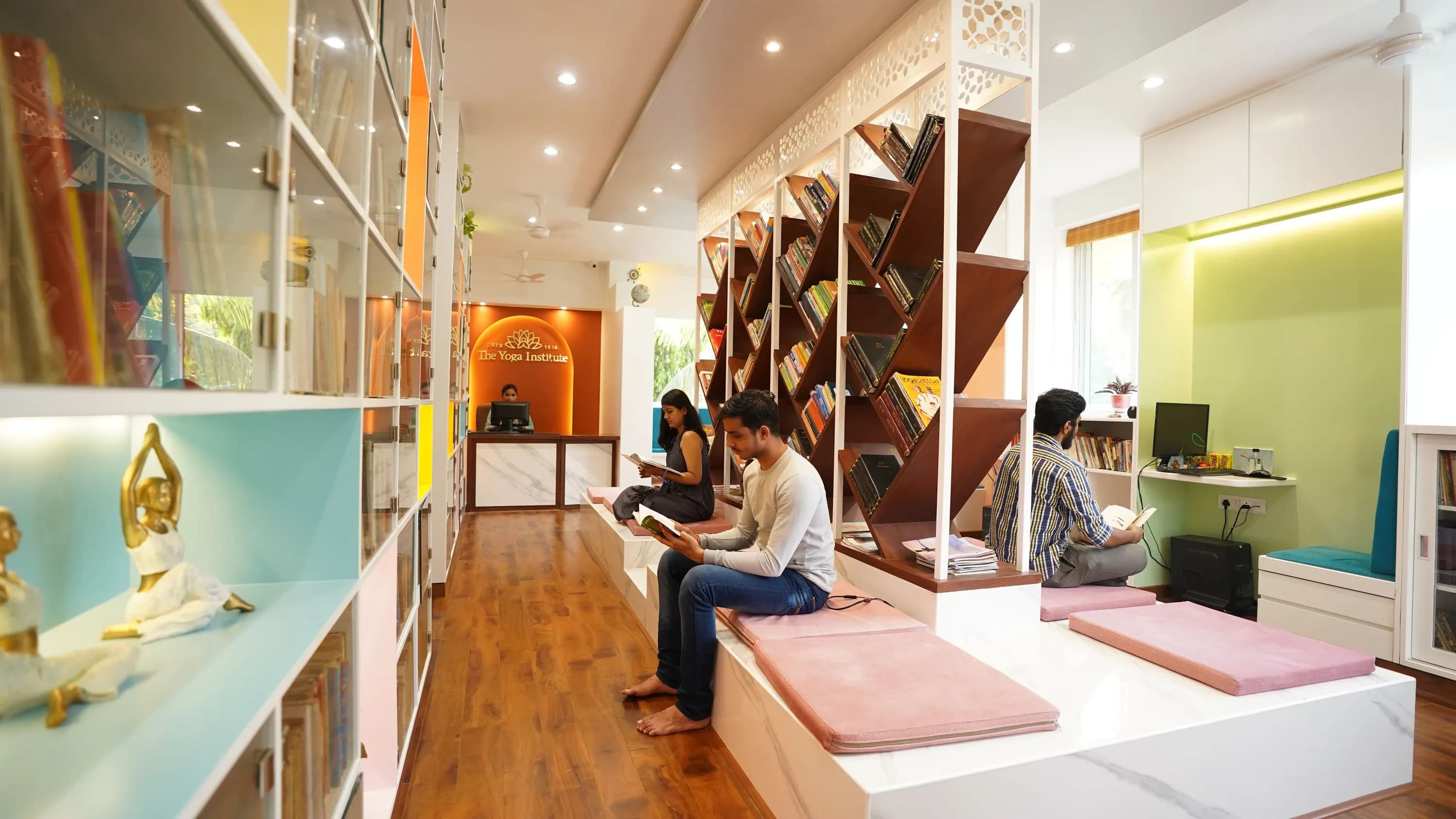 Library Reading Area Library reading area with bookshelves at The Yoga Institute